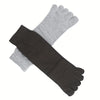A pair of black and gray split toe socks shown lying next to each other.