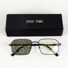 A pair of black photochromic progressive reading glasses are shown next to their original box labeled ZOZO TOMI.