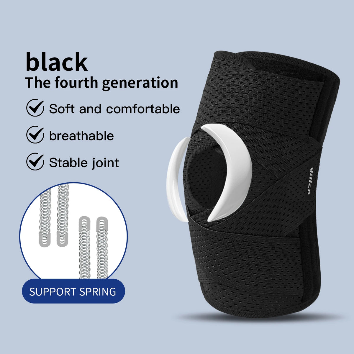 Black fourth generation elastic knee pads with support springs shown on a light gray background.