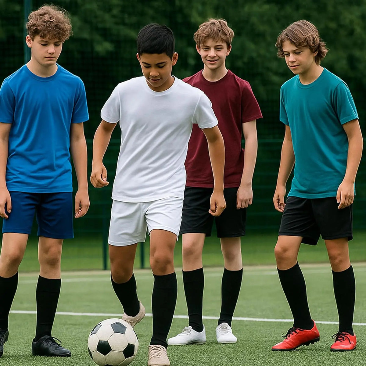 Four young male athletes wearing blue and red t-shirts and shorts standing on a green field.