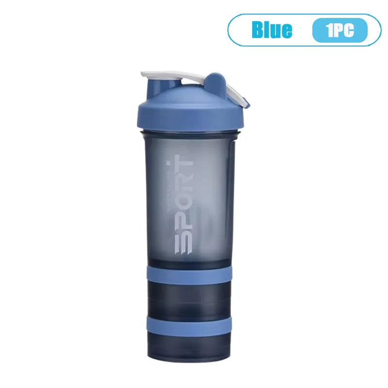 Blue 3-layer protein shaker bottle with a handle