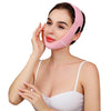 A woman is wearing a pink face slimming lifting strap designed for double chin treatment.
