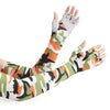 A hand wearing camouflage patterned sun protection arm sleeves