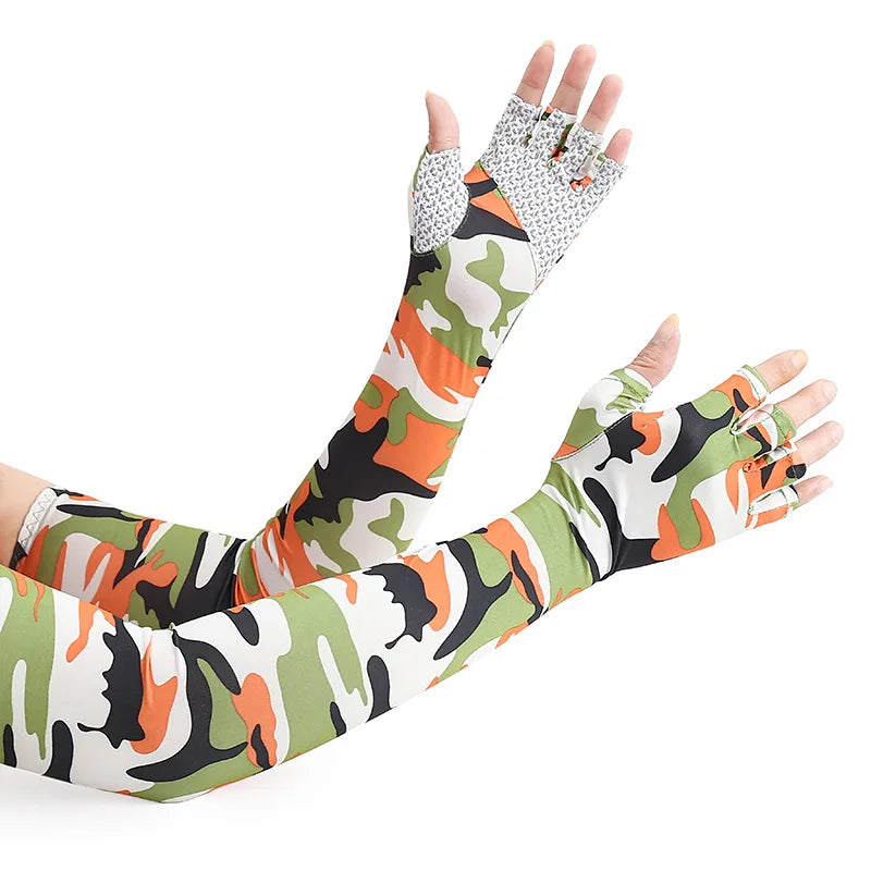 A hand wearing camouflage patterned sun protection arm sleeves
