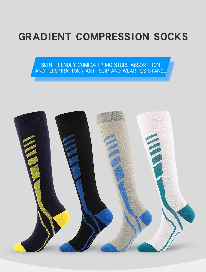 Five pairs of gradient compression socks in various colors including navy, black, beige, and white are displayed.
