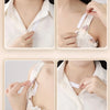 Close-up images showing clear double-sided fashion tape being used to fasten or adjust clothing