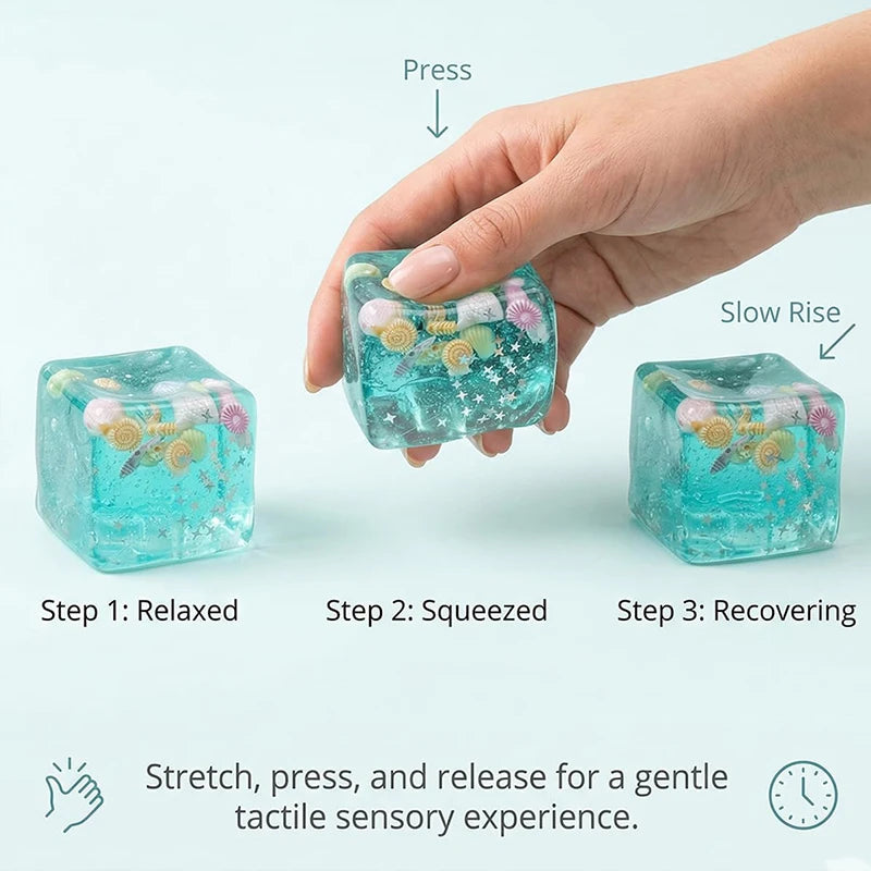 A hand is pressing a translucent blue fidget cube, demonstrating a three-step process for a gentle tactile sensory experience