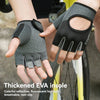 Close-up of a hand wearing thick EVA cycling gloves with a mesh palm and reflective highlights