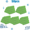 A set of 50 green cooling microfiber towels for sports and wellness, shown in various arrangements.