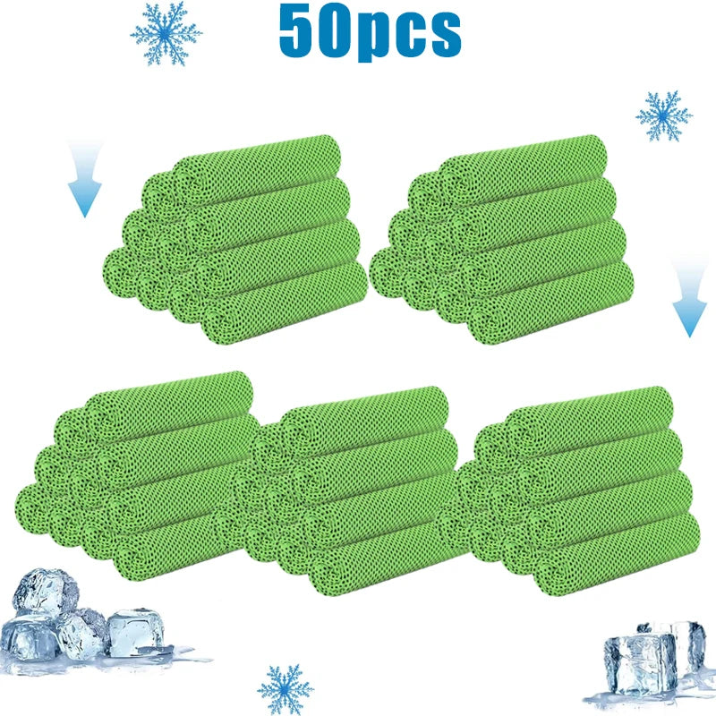 A set of 50 green cooling microfiber towels for sports and wellness, shown in various arrangements.