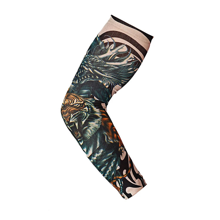 A close-up of a black and green tiger print sun protection breathable arm sleeve.