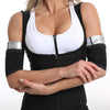 A woman wearing black slimming arm shaper sleeves with white athletic top.