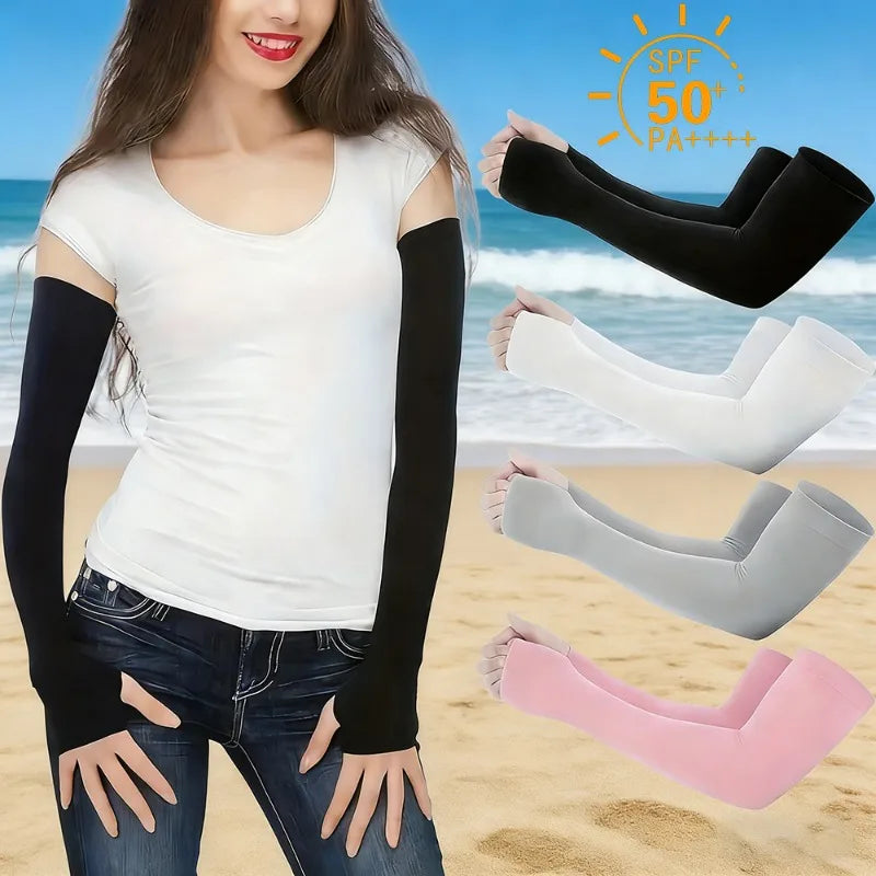 A woman models black, white, gray, and pink UV protection arm sleeves for sports and workout.