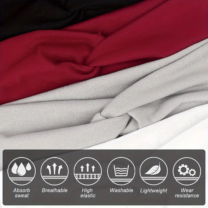 Knotted elastic sports headband shown in red, gray, and white fabric folds.