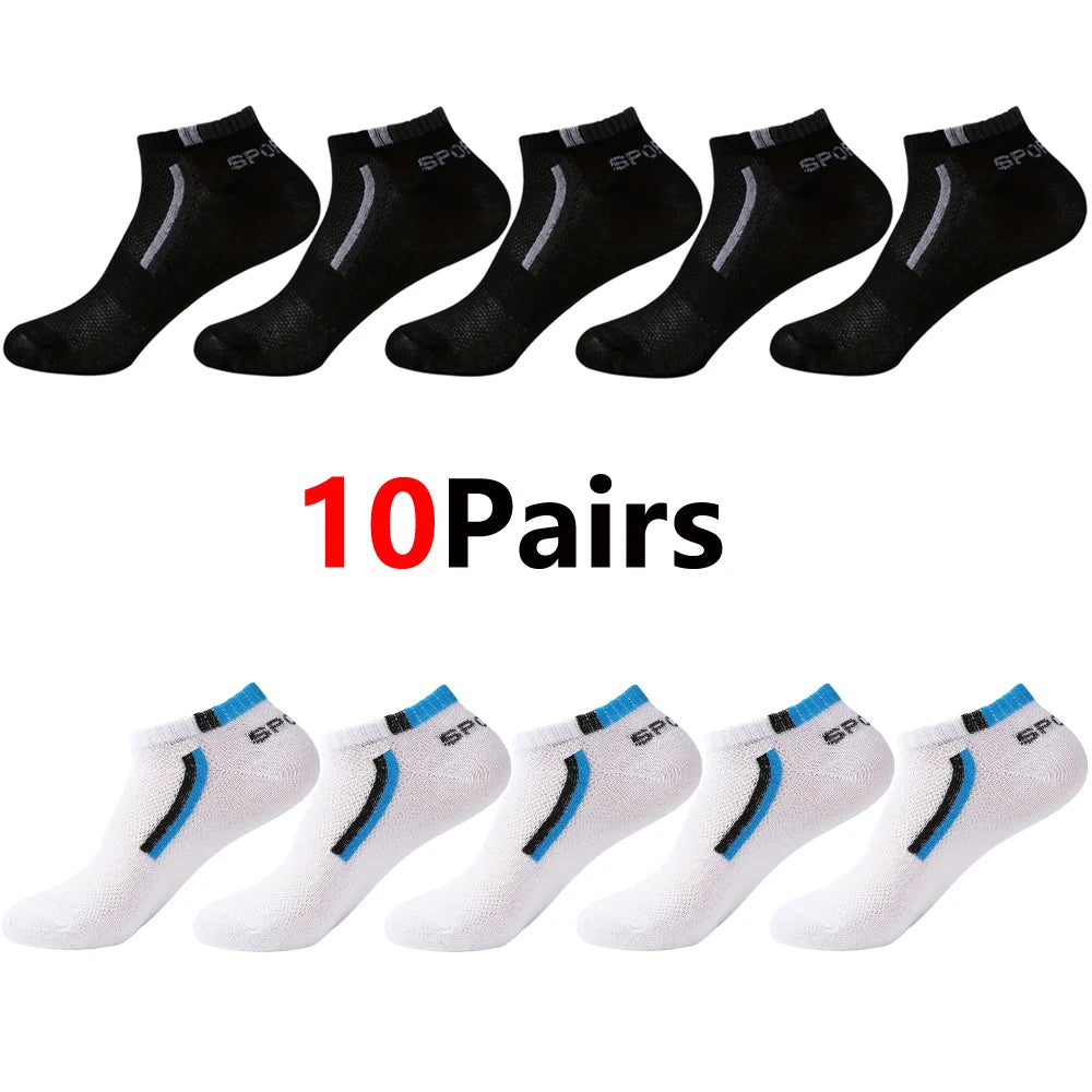 A set of 10 pairs of black and white color-block mesh ankle socks displayed on a white background.