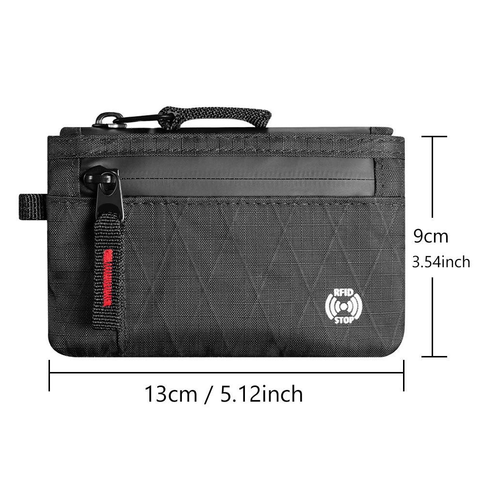 A black slim RFID blocking wallet for cards and essentials shown flat with dimensions.