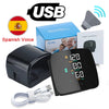 A black digital wrist blood pressure monitor with a screen displaying 128/80 mmHg, along with its USB cable and instructions.