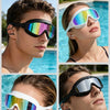 Four images showing anti-fog UV protection swimming goggles for men and women in various angles.