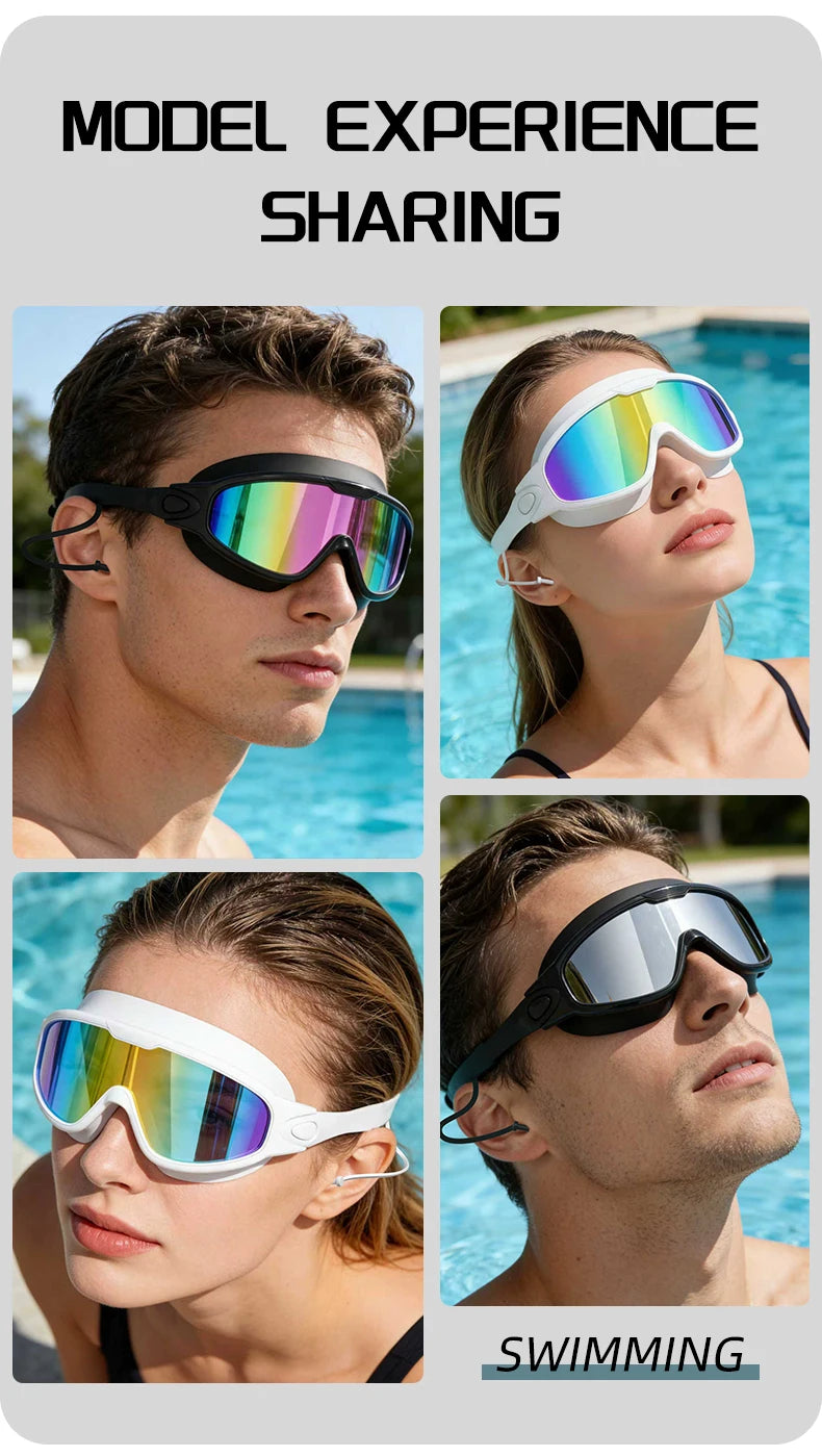 Four images showing anti-fog UV protection swimming goggles for men and women in various angles.