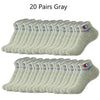 20 pairs of gray ankle socks displayed in a row.