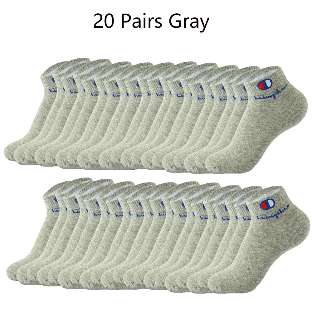 20 pairs of gray ankle socks displayed in a row.