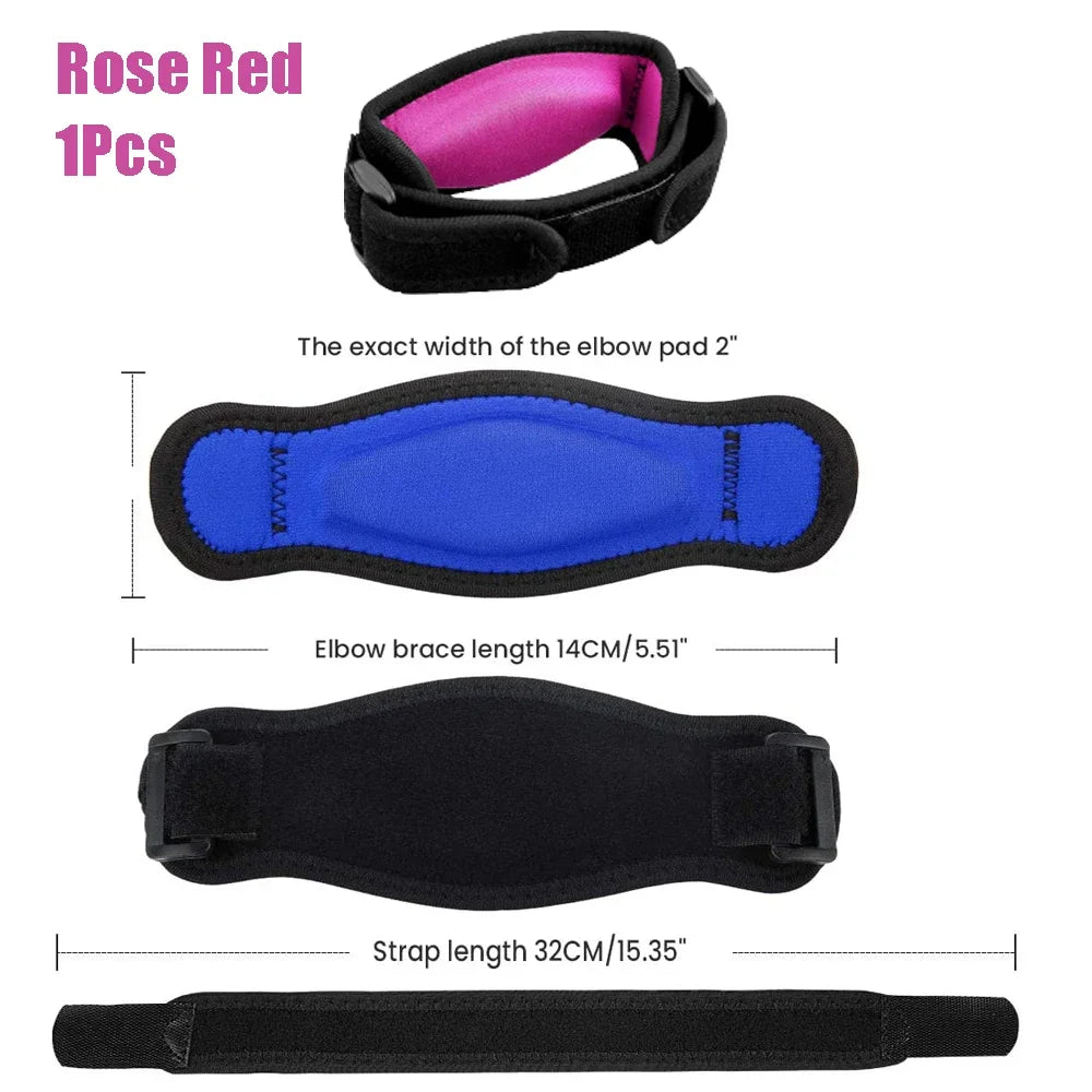 A set of one rose red elbow pads, including the pad itself and a black strap.