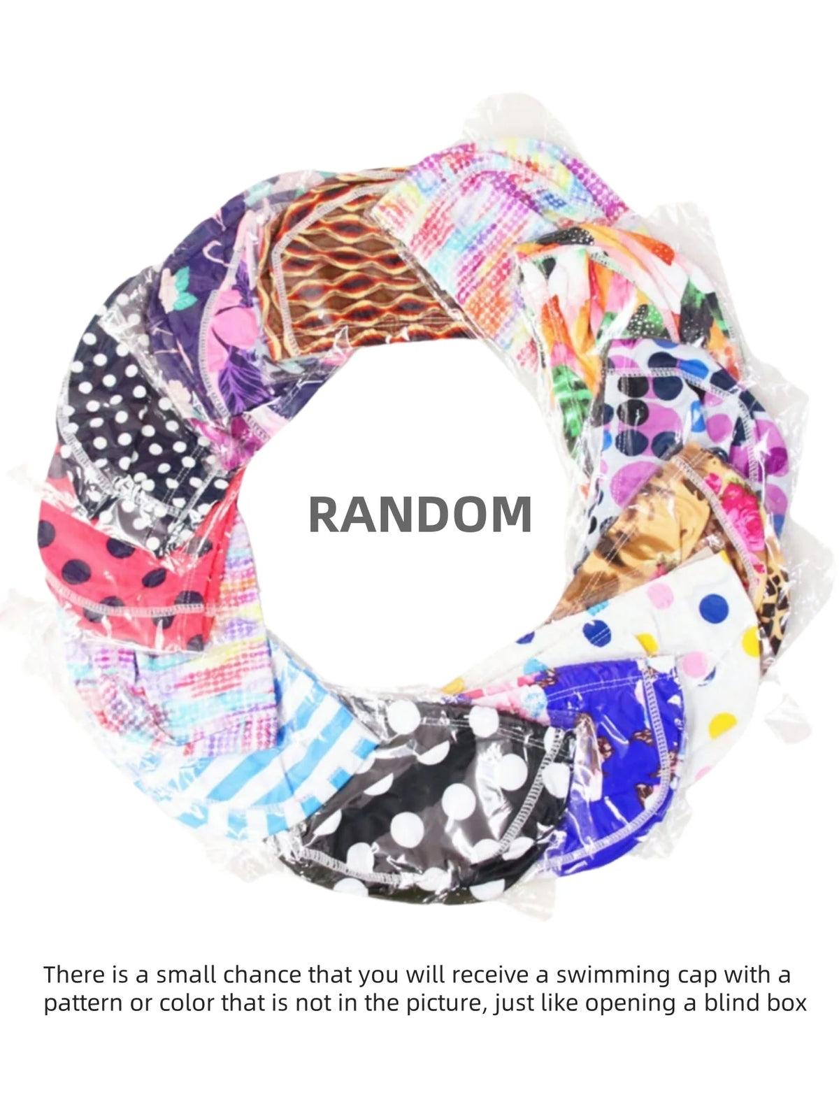 Un bonnet de bain coloré à motifs, présenté en arrangement circulaire.