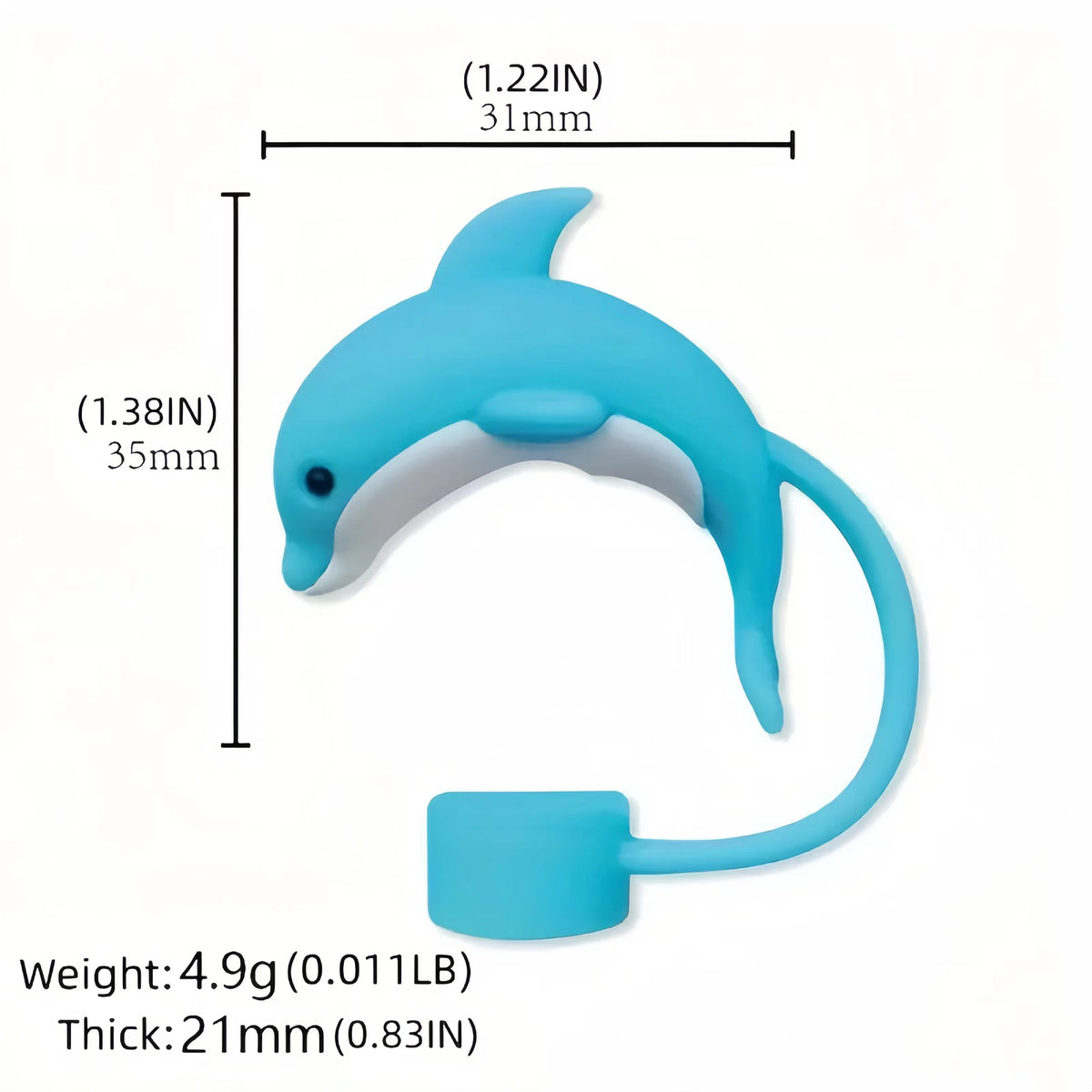 Light blue silicone straw cover shaped like a dolphin for tumblers and water bottles