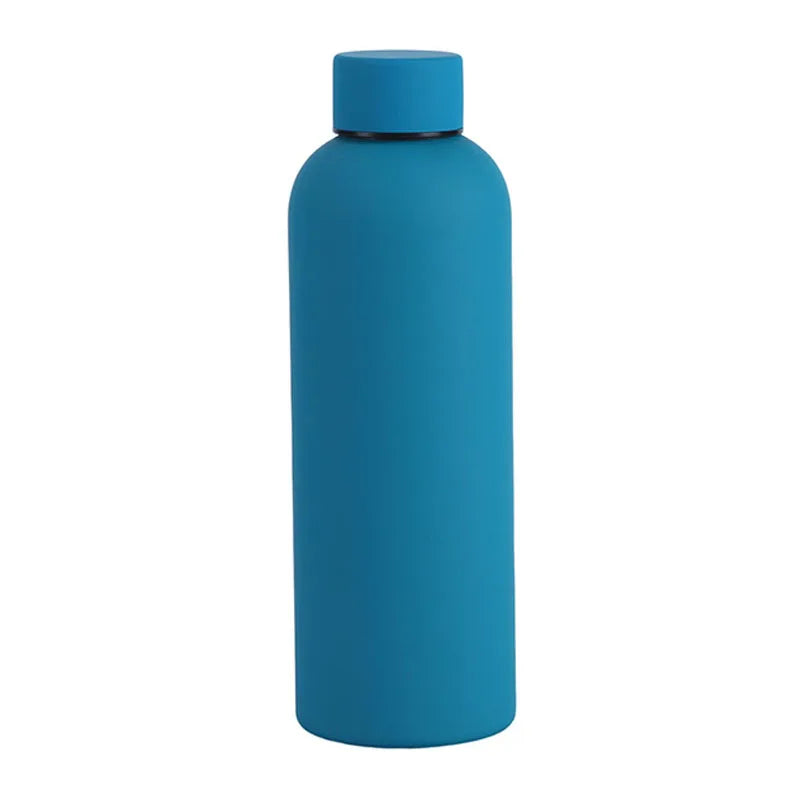 A tall, light blue insulated stainless steel thermos cup with a black lid.