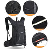 Black hydration backpack featuring a pull head, waterproof design, reflective strip, and fixed rope.