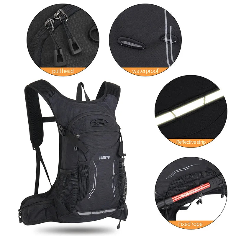 Black hydration backpack featuring a pull head, waterproof design, reflective strip, and fixed rope.