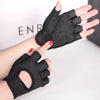 A hand wearing black anti-slip fingerless gym gloves with wrist support against a white background.