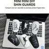A set of mini DIY shin guards featuring silhouettes of soccer players and sports figures placed on a laptop keyboard.