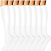 A row of white compression socks for vein support, shown from the leg down.