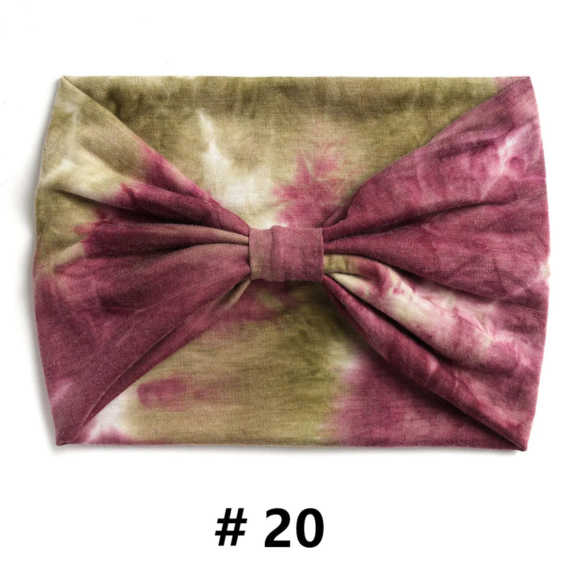 Bandeau en coton tie-dye vert olive et magenta, noué en nœud.