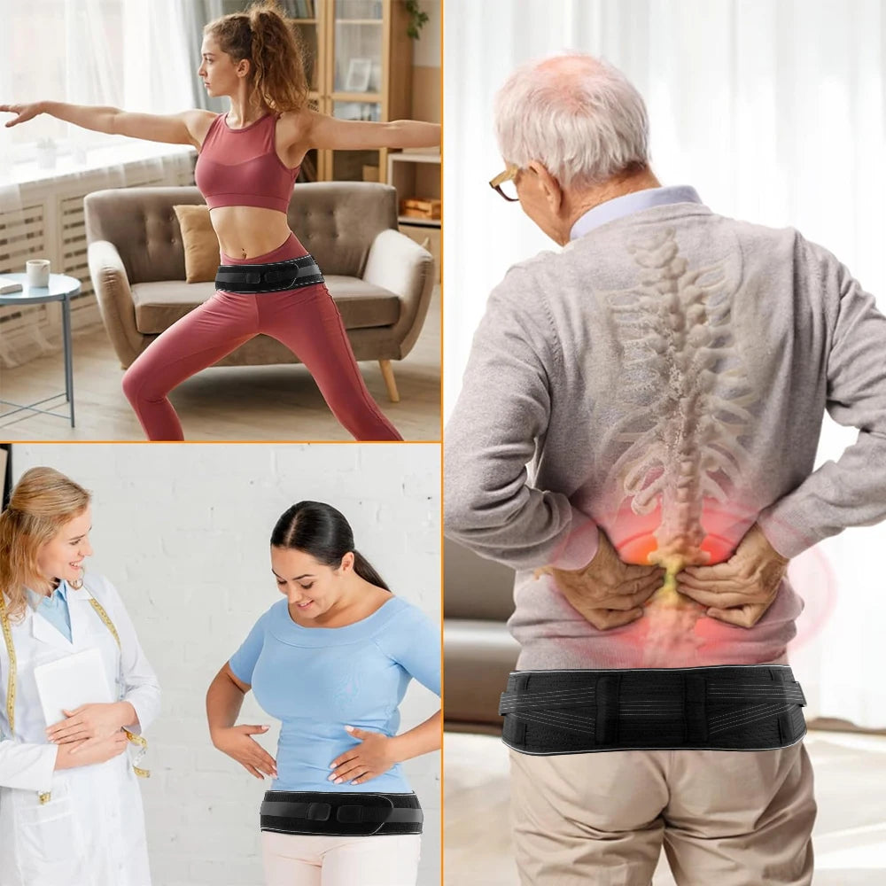 A woman demonstrates an adjustable lower back pain support belt, showing its fit and use for back pain relief.