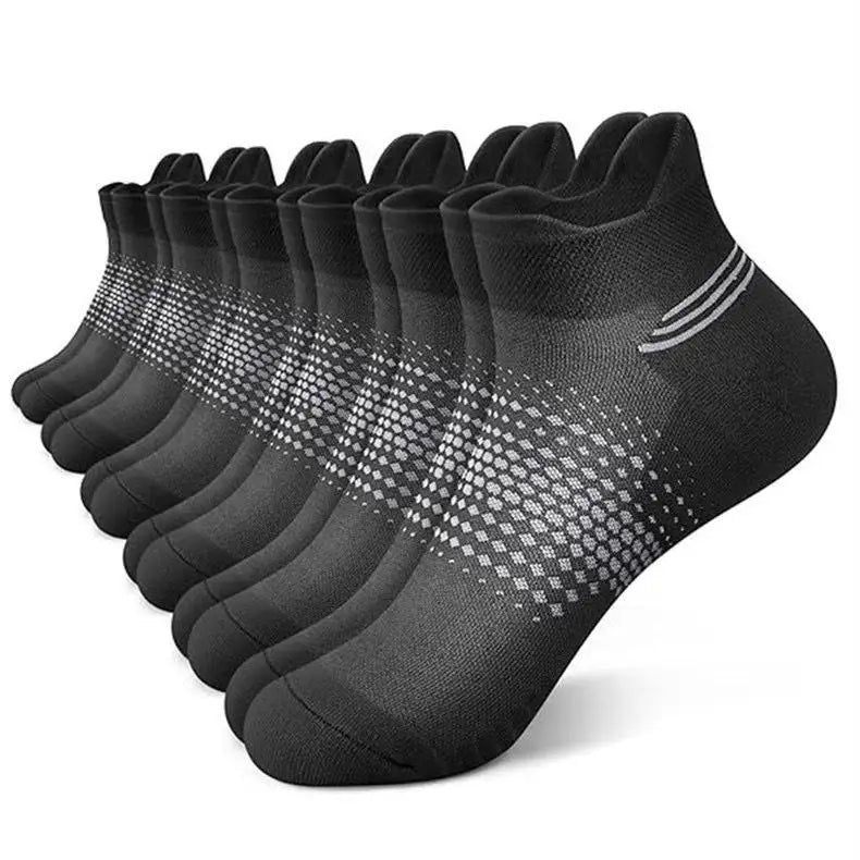 A row of black breathable mesh ankle socks for running and fitness