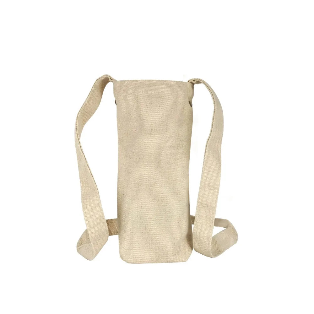 A beige insulated copper water bottle with a fabric anti-slip grip strap.