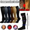 A variety of compression socks in black, navy, brown, and beige are shown with before and after images demonstrating graduate