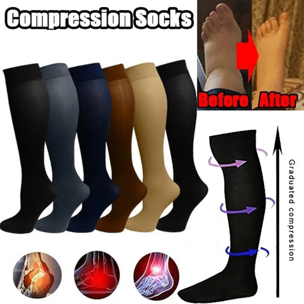 A variety of compression socks in black, navy, brown, and beige are shown with before and after images demonstrating graduate