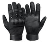 A pair of black tactical full-finger motorcycle gloves displayed against a white background.