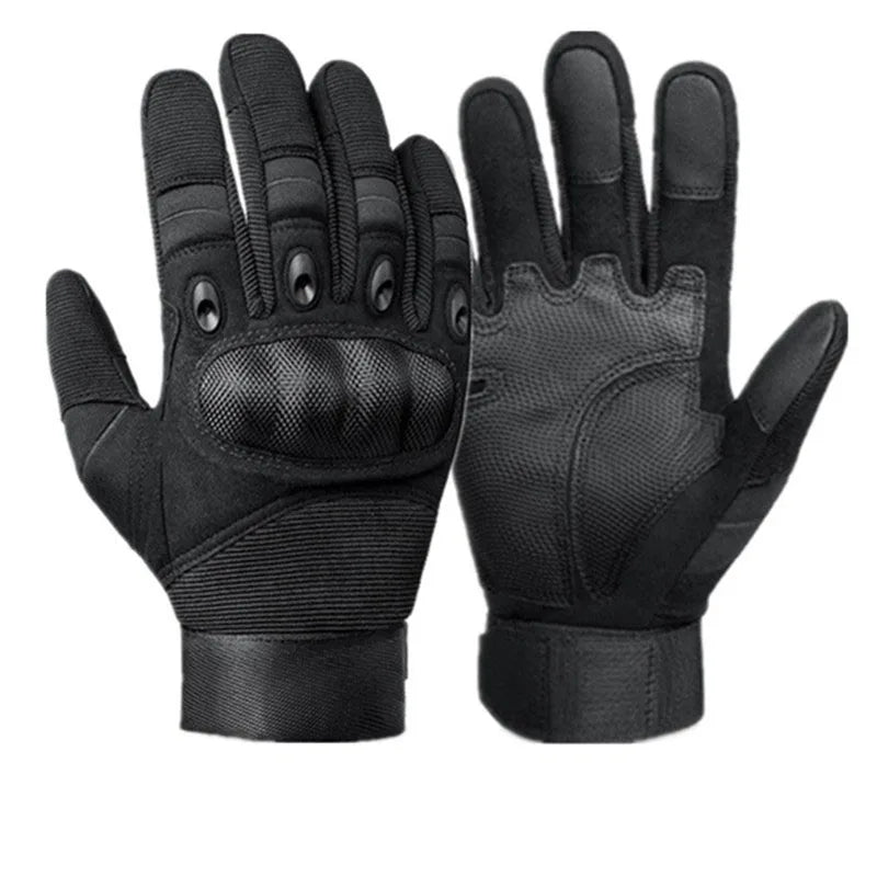 A pair of black tactical full-finger motorcycle gloves displayed against a white background.