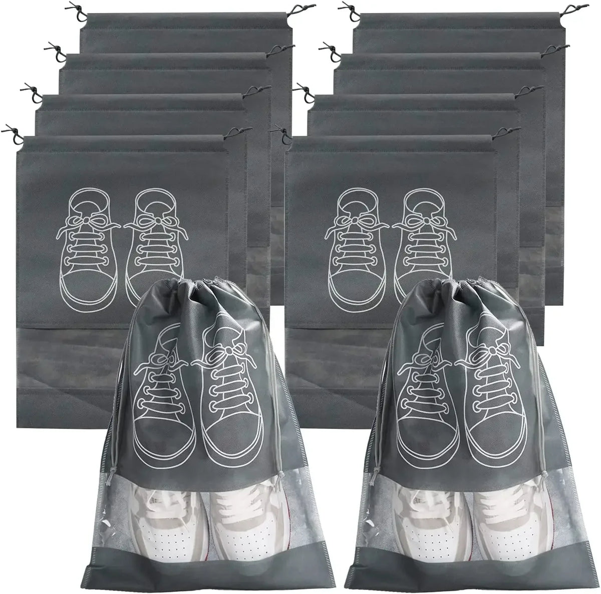 Gray reusable non-woven shoe storage bags with shoe outlines printed on them
