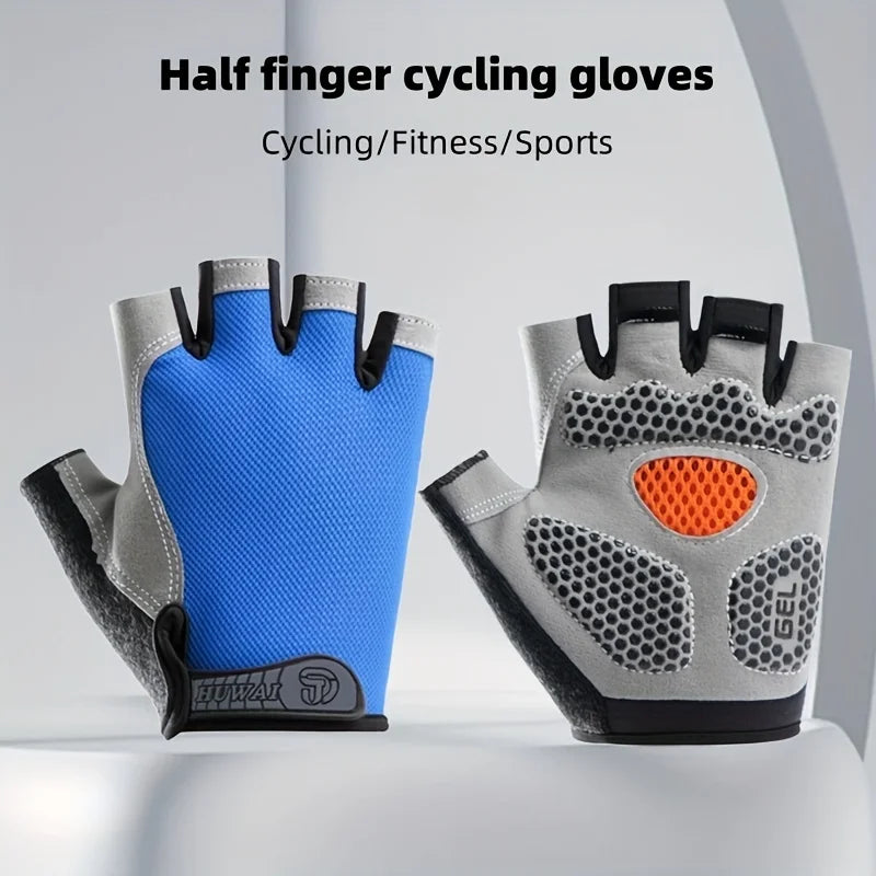 Un par de guantes de ciclismo de media punta azules y grises mostrados contra un fondo blanco.