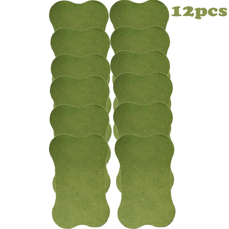 Twelve self-heating lumbar spine patches in an olive green color.