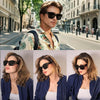 Three models showcase oversized polarized sunglasses with UV400 protection in various styles and colors.