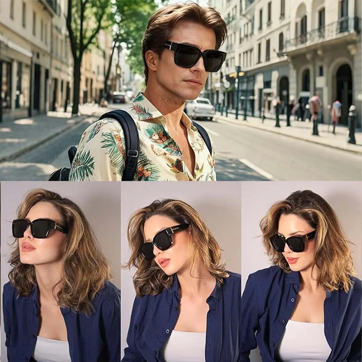 Three models showcase oversized polarized sunglasses with UV400 protection in various styles and colors.