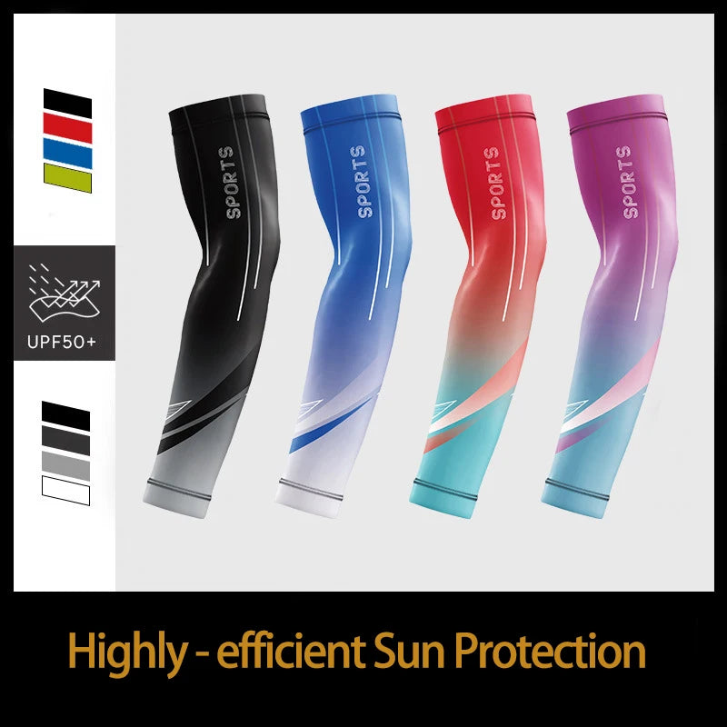 Four arm sleeves in black, blue, red, and purple showing different shades of sun protection for sports.