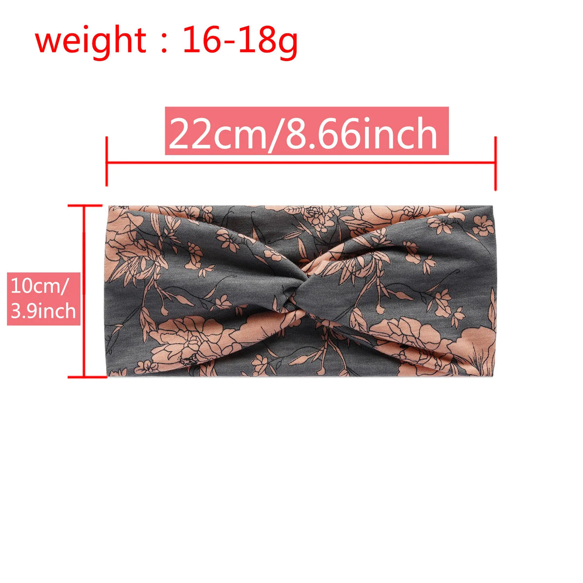 A gray fabric headband with a floral vintage print, measuring 22cm long.
