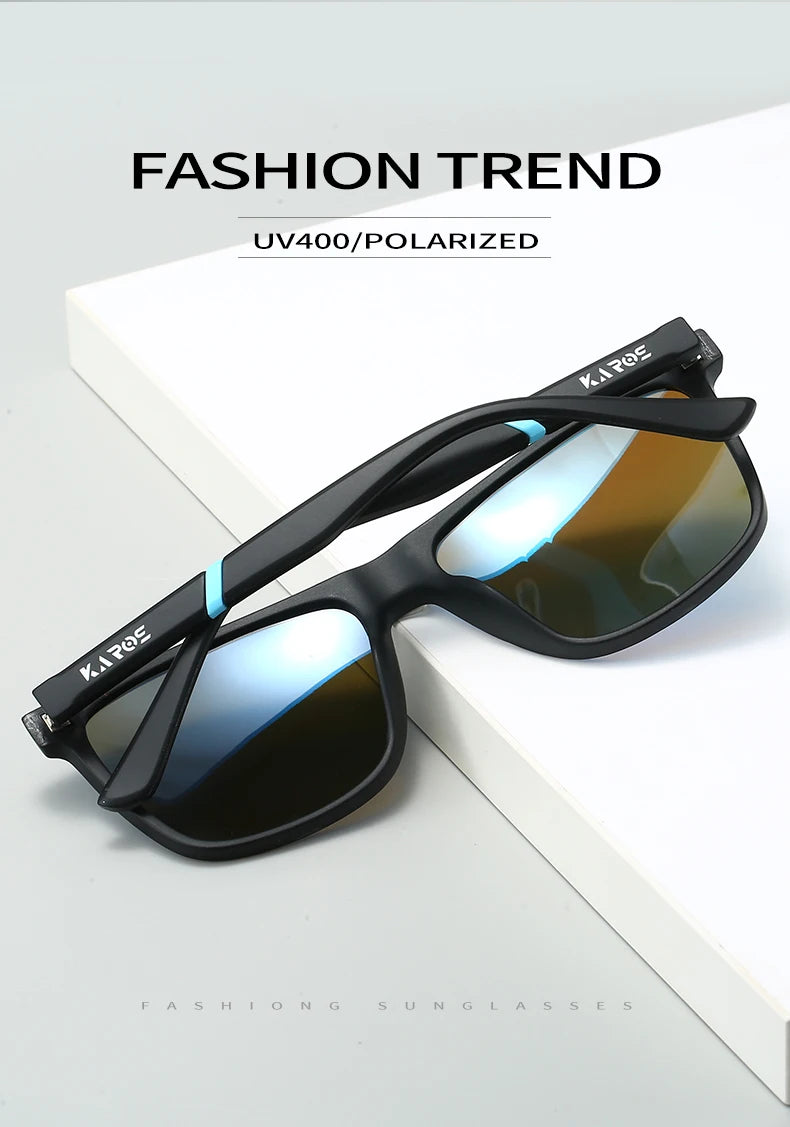 Black KAROE polarized sunglasses resting on a white surface.